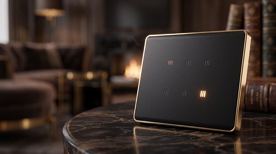 A black Cubixx touch panel with a brushed gold frame, standing on a marble table in a warmly lit room.
